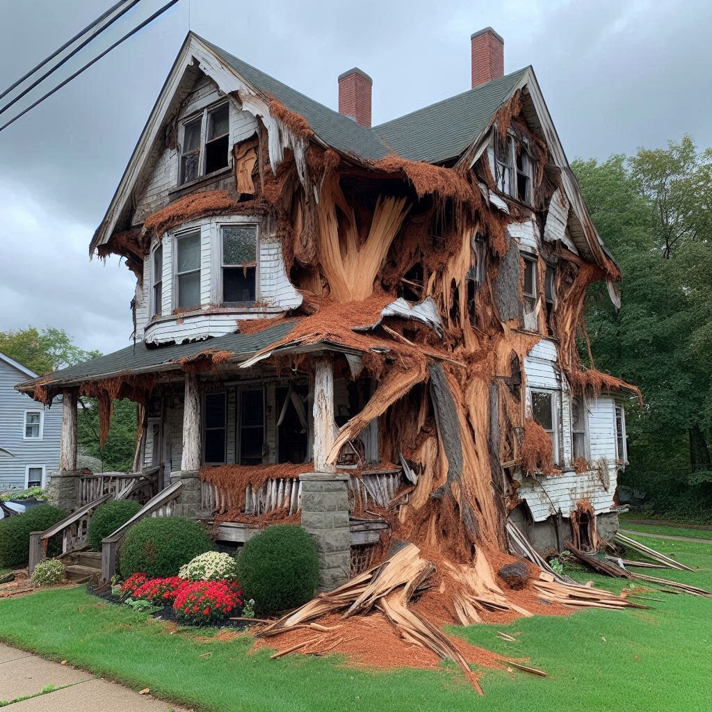 Damaged tree on an South Salem home showing signs of disease and decay
